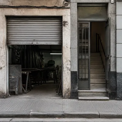 Portal d’habitatge i tancament metàl·lic de comerç en un carrer de Barcelona