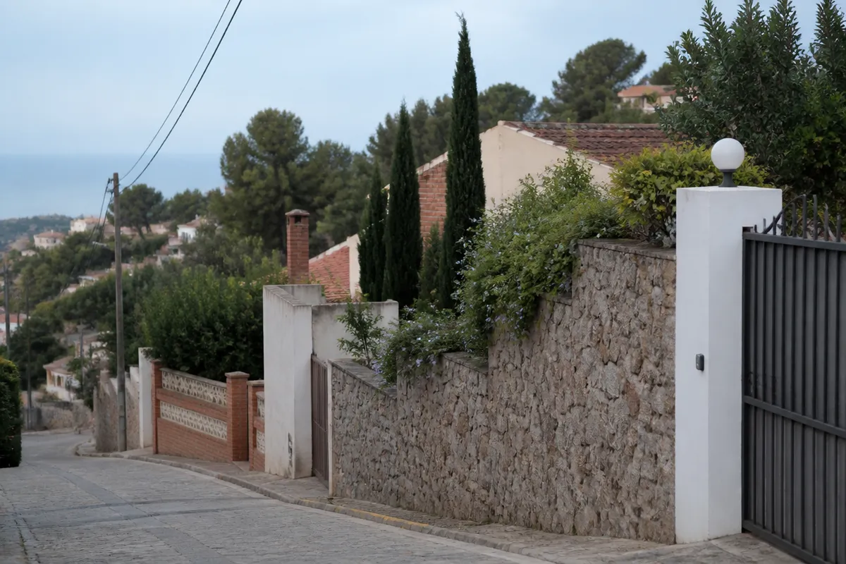 Calle residencial de Cabrils con vegetación y cancela metálica, cerrajero en el Maresme
