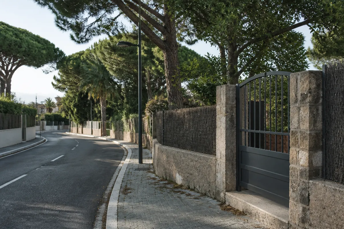 Camino residencial del Maresme con pinos y cancela metálica en Sant Andreu de Llavaneres
