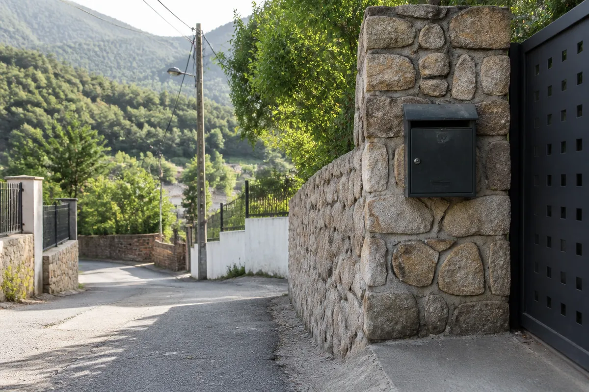 Camino residencial de Vallromanes con muro de piedra y buzón metálico, cerrajero en el Vallès