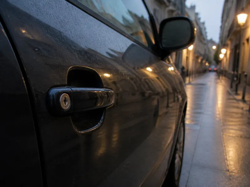 Puerta de un coche anónimo en una calle de Barcelona al anochecer, apertura de vehículo por cerrajero, sin marcas